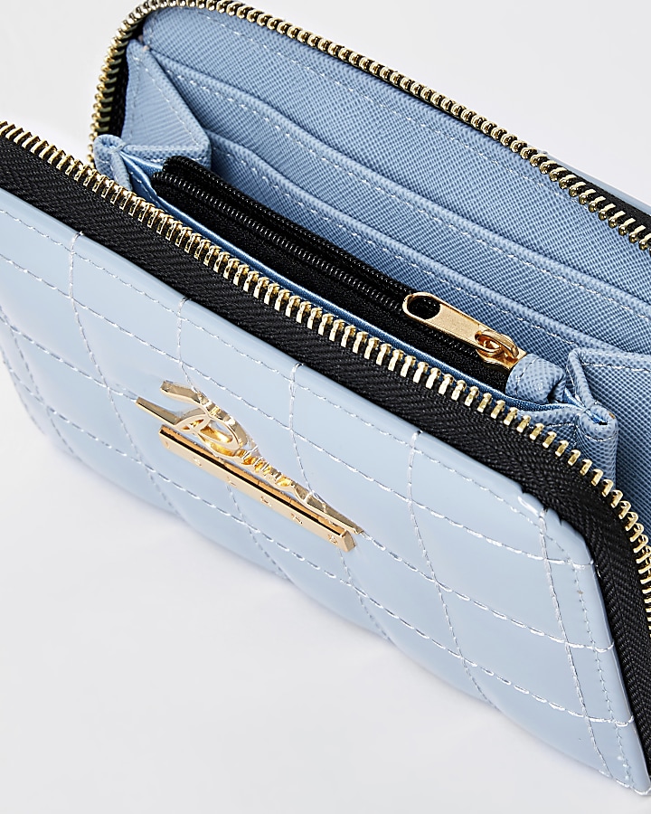 Blue patent quilted ziparound purse