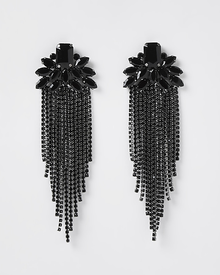 Black colour diamante tassel drop earrings