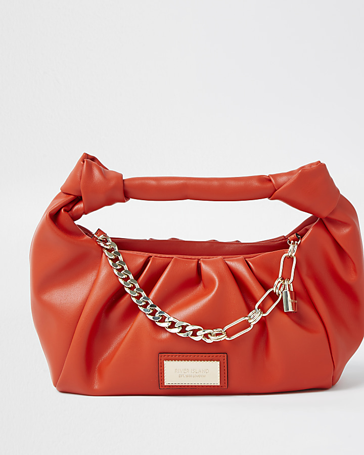 Orange double knot chain ruched bag