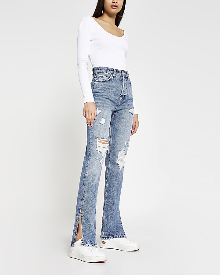 Blue ripped high waisted straight jeans