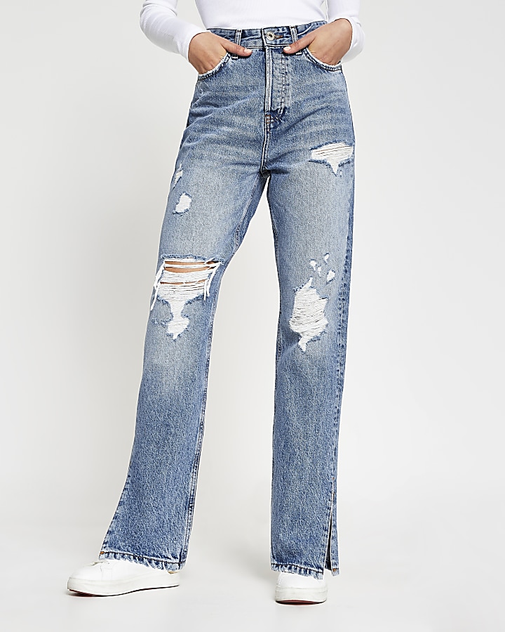 Blue ripped high waisted straight jeans