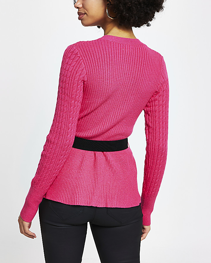 Pink cable knit peplum cardigan