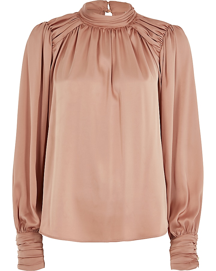Pink long sleeve ruched shoulder blouse top