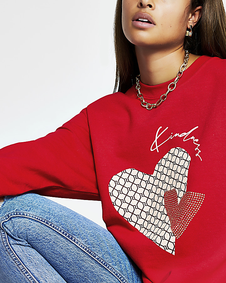 Red 'Kindness' slogan heart print sweatshirt