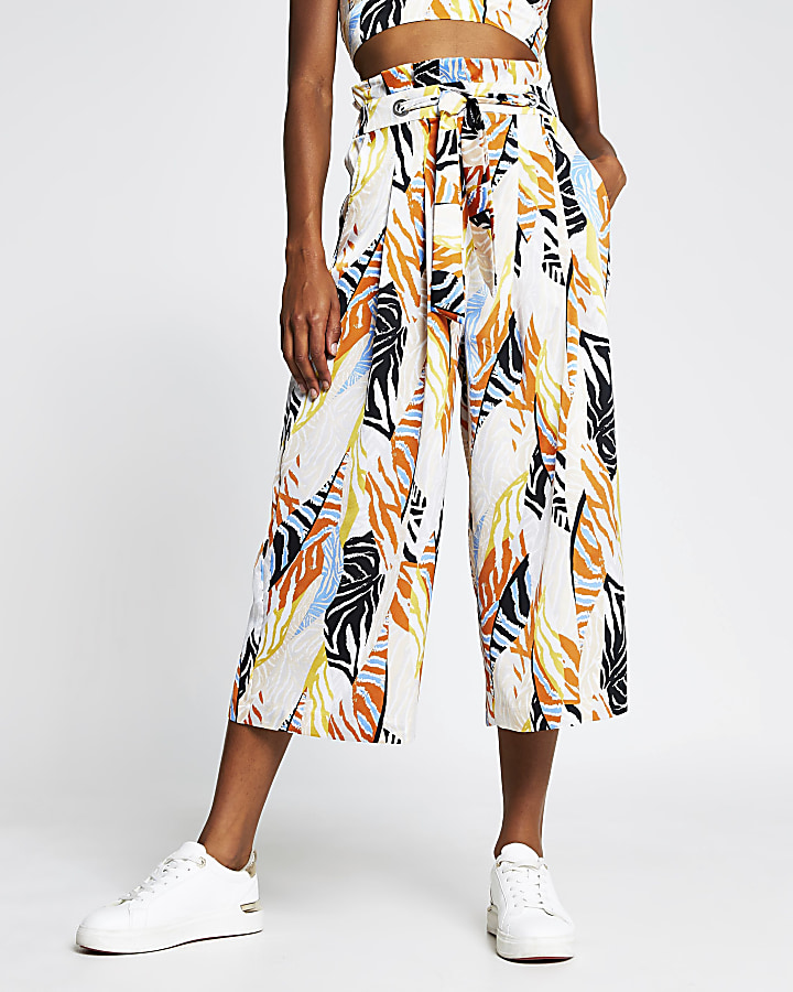 Orange abstract print tie culotte trousers