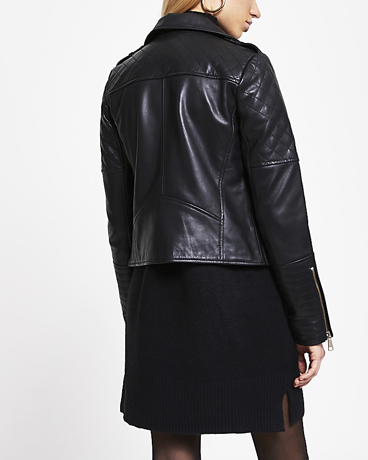 Black leather quilted biker jacket