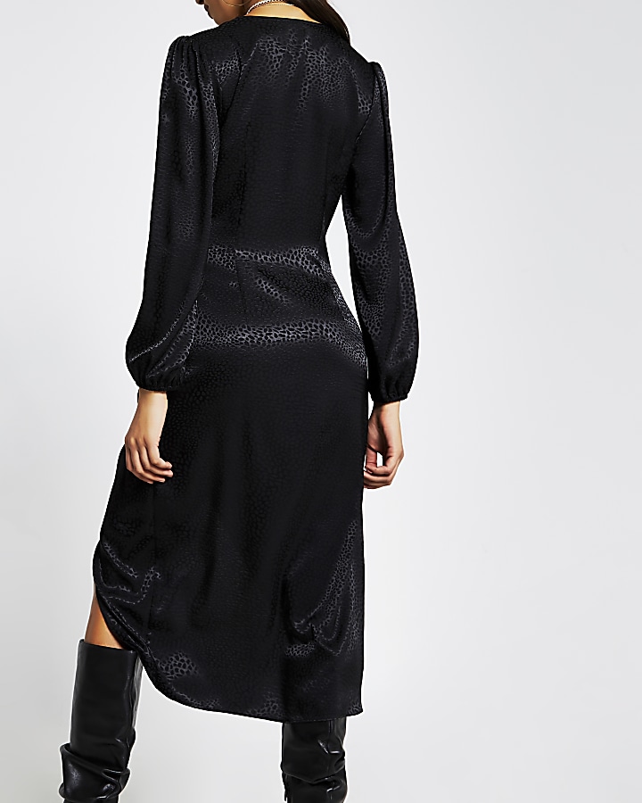 Black long sleeve jacquard wrap button dress