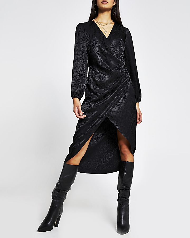 Black long sleeve jacquard wrap button dress