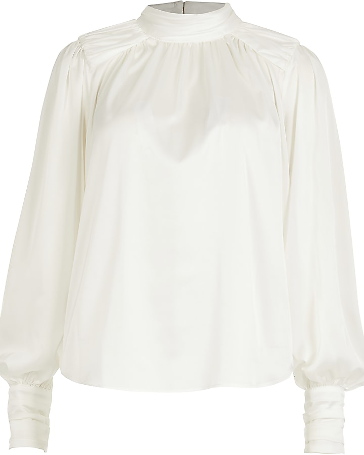 White long sleeve ruched shoulder top
