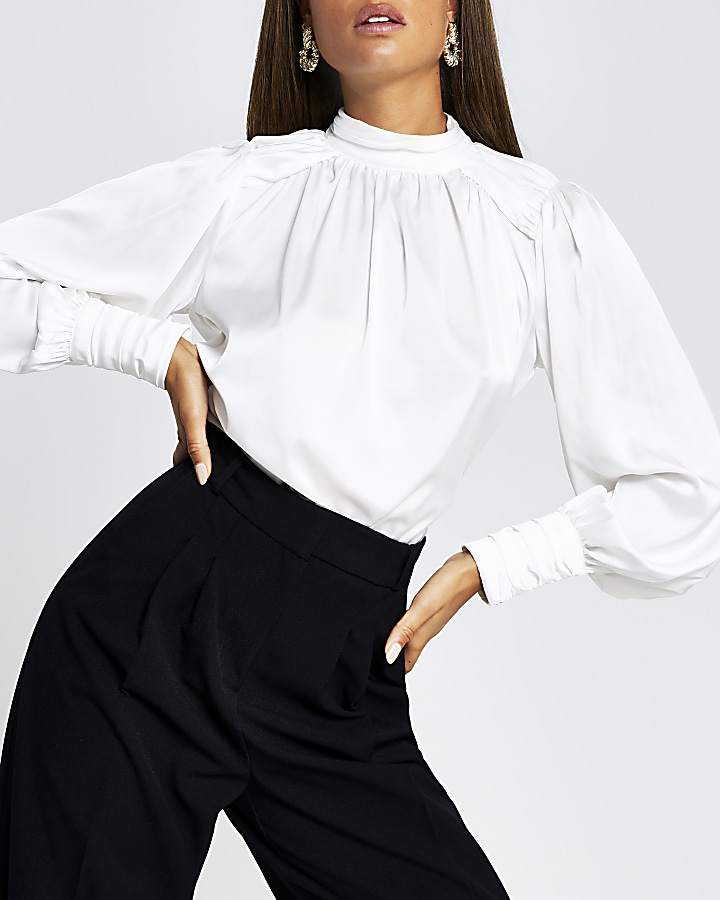 White long sleeve ruched shoulder top