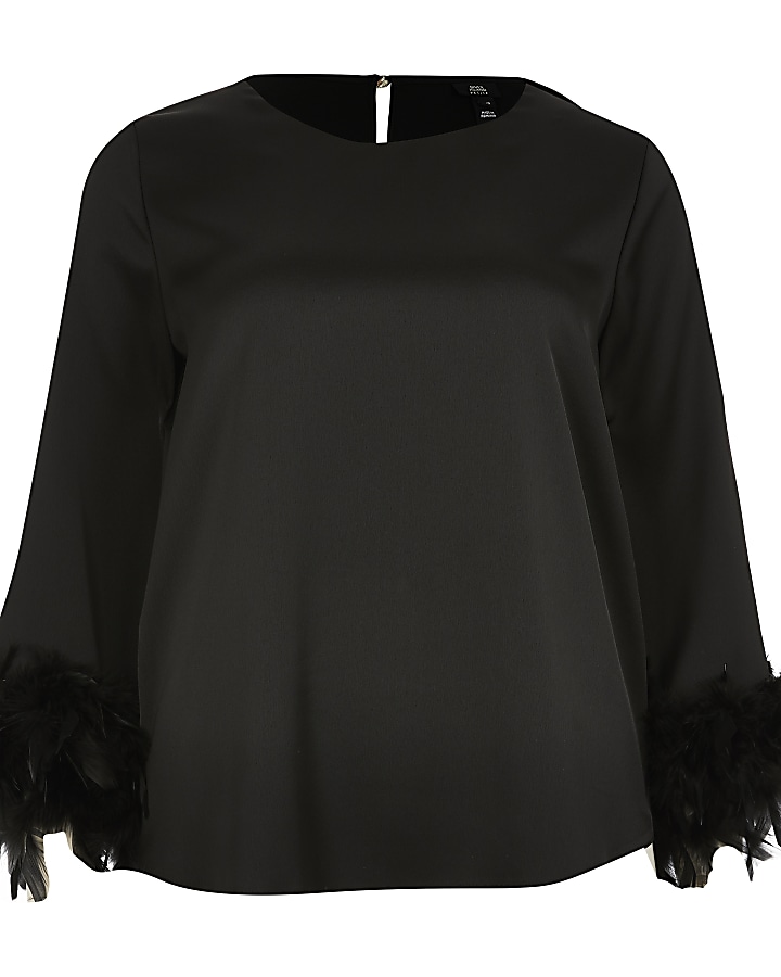 Petite black long sleeve feather cuff top