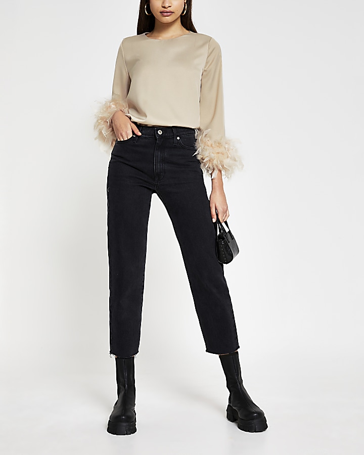 Stone long sleeve feather cuff top