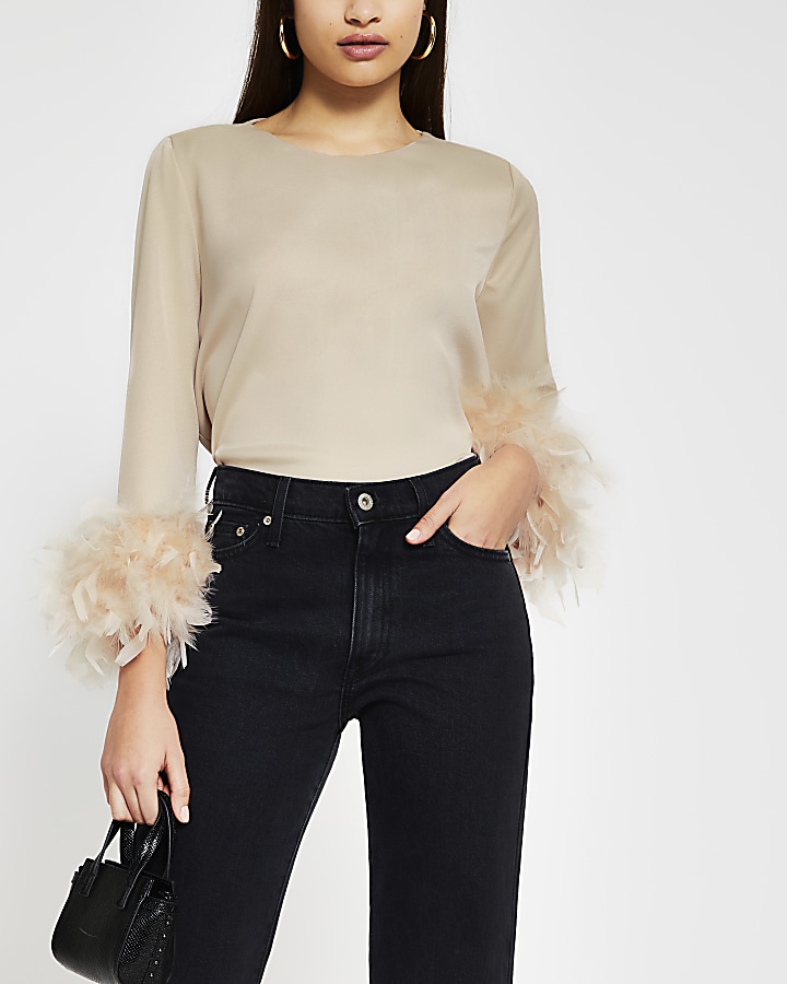 Stone long sleeve feather cuff top
