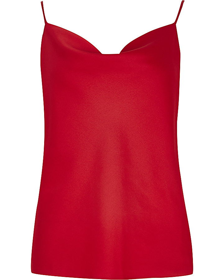Red sleeveless cowl neck cami top