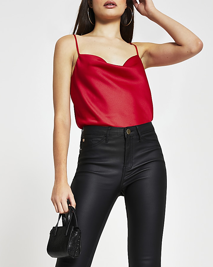 Red sleeveless cowl neck cami top