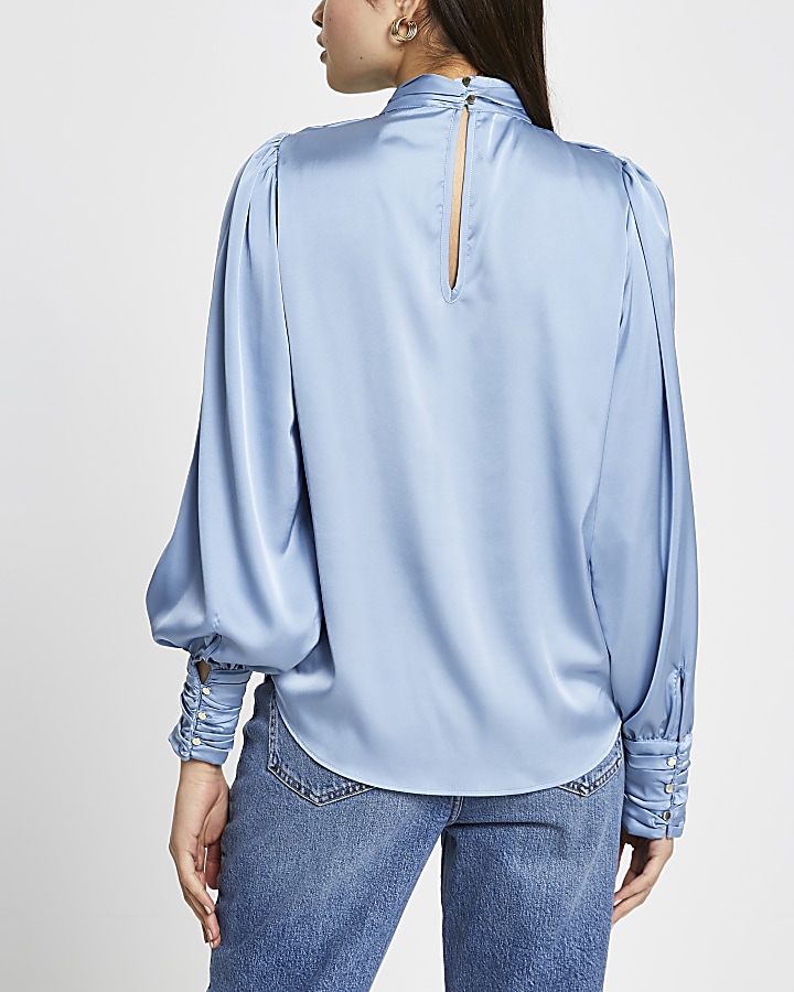Blue long sleeve ruched shoulder blouse top