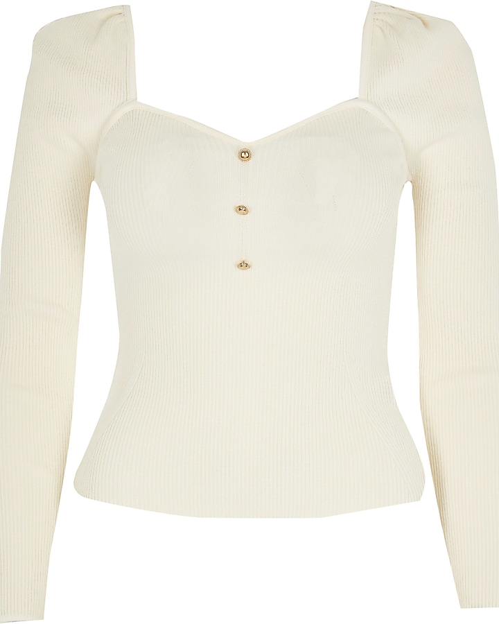 Cream square neck fitted long sleeve top