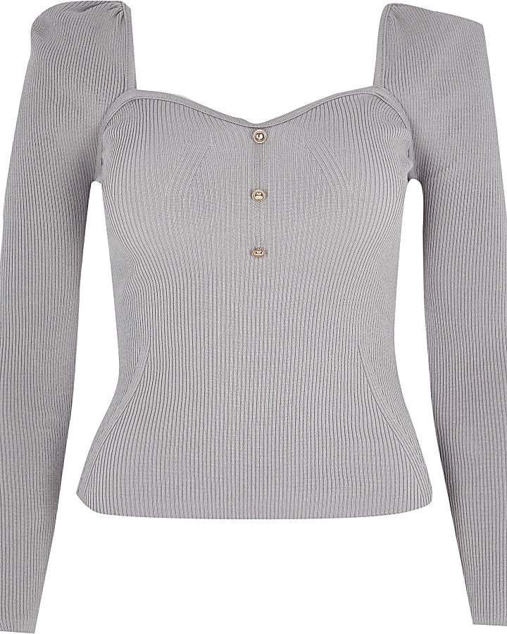 Grey square neck fitted long sleeve top
