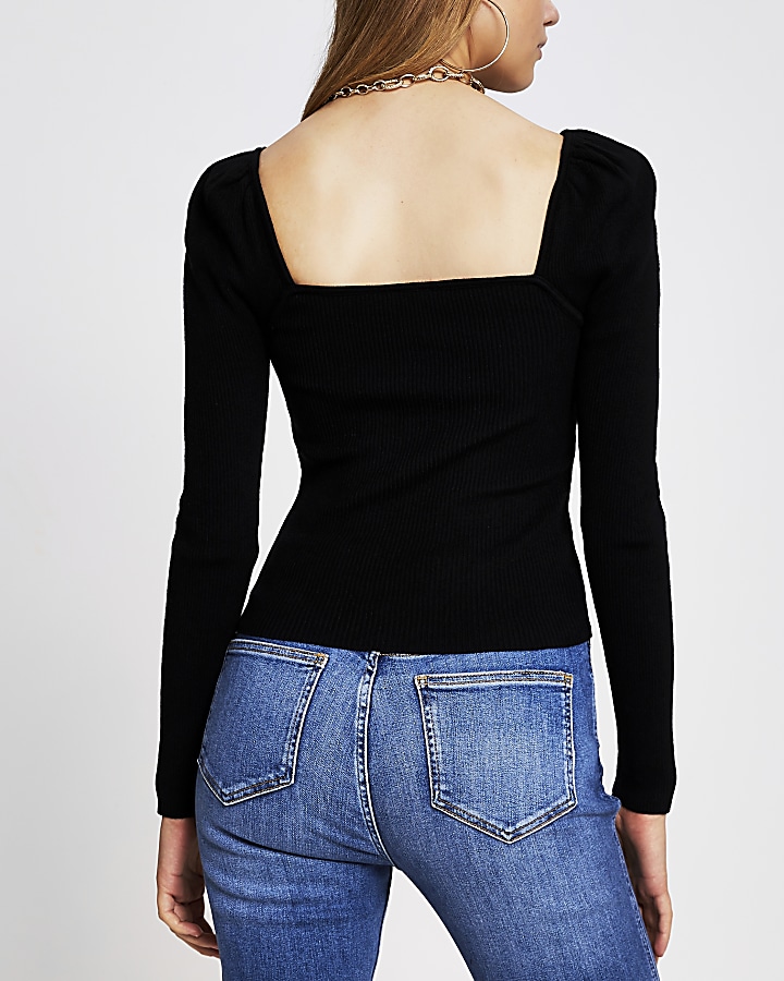 Black square neck fitted long sleeve top