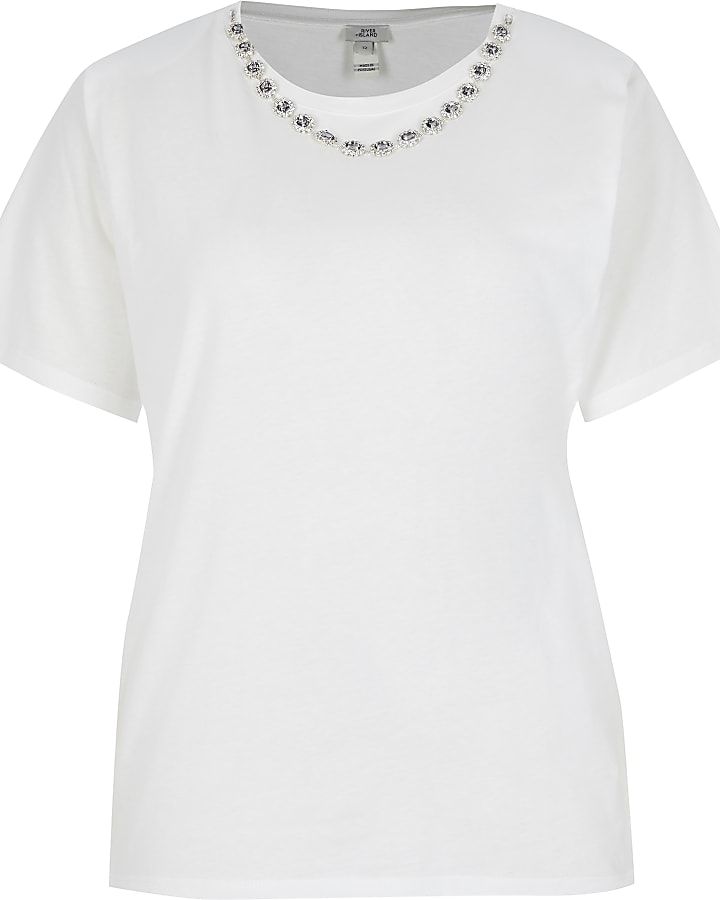 Cream short sleeve diamante necklace t-shirt