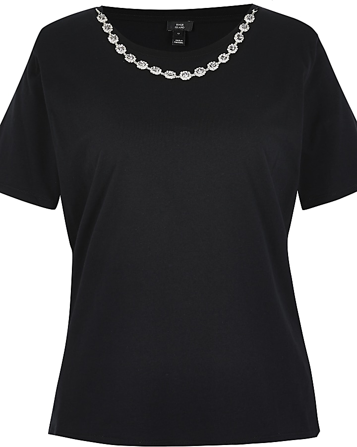 Black short sleeve diamante necklace t-shirt