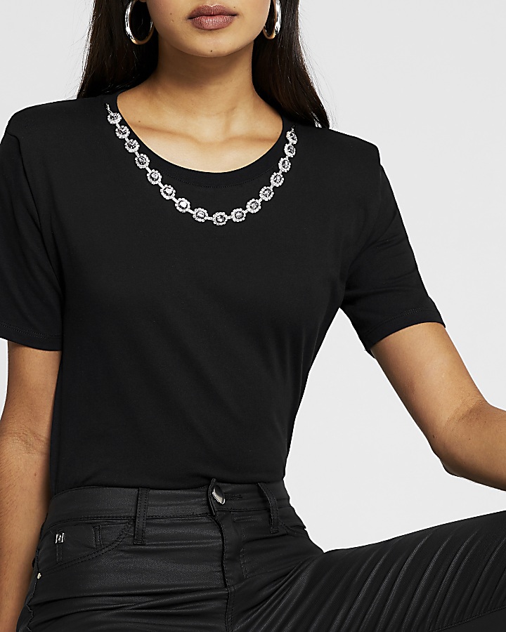 Black short sleeve diamante necklace t-shirt