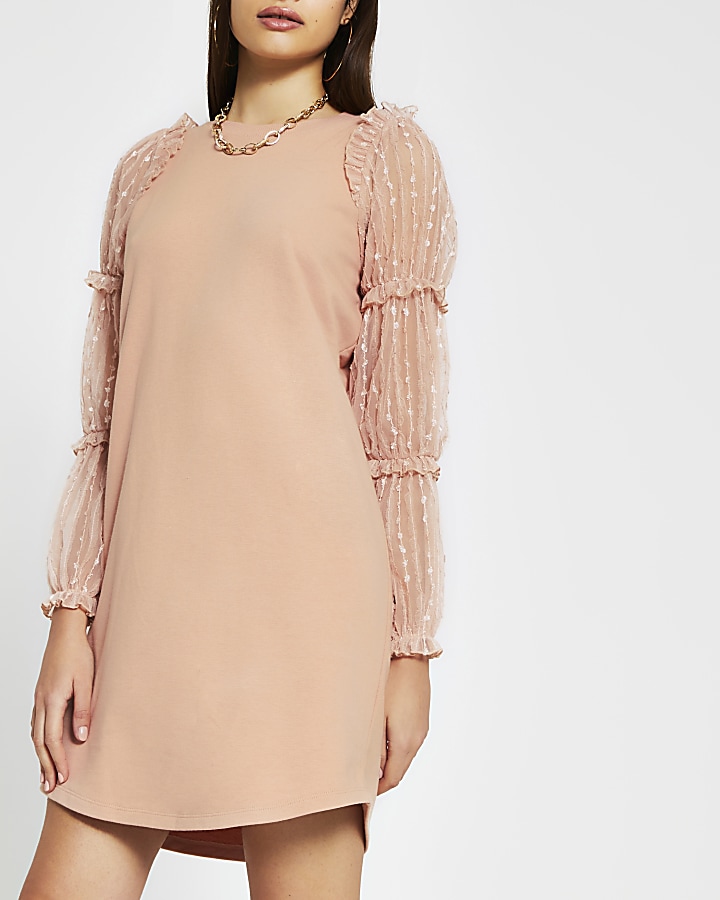 Pink long sleeve frill mesh jumper dress