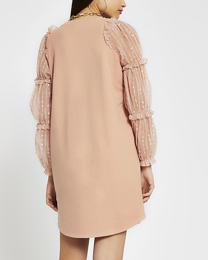 Pink long sleeve frill mesh jumper dress