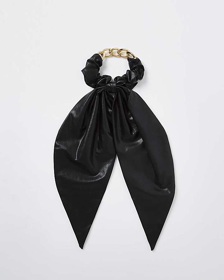 Black faux leather chain scarf scrunchie