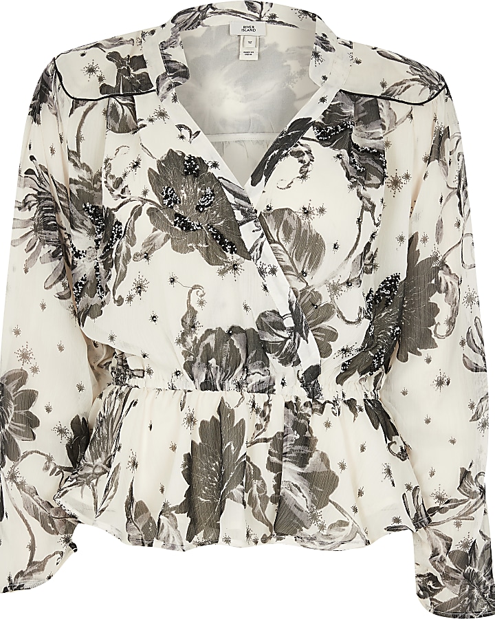Cream long sleeve peplum wrap floral blouse