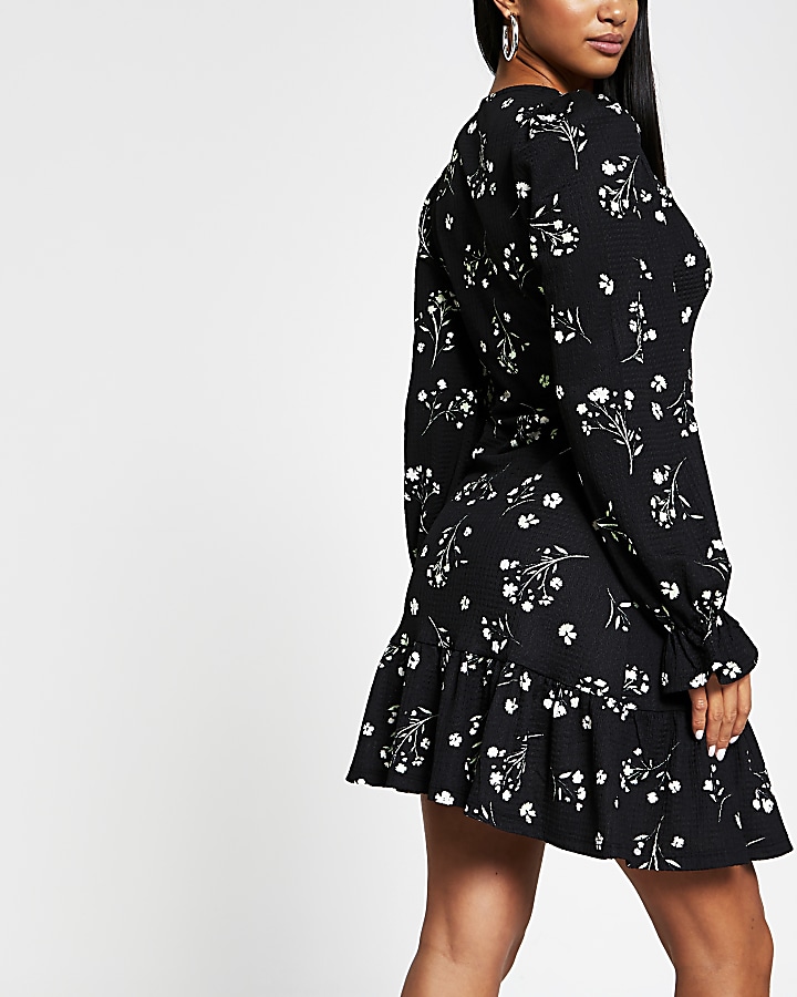 Petite black frill floral mini dress