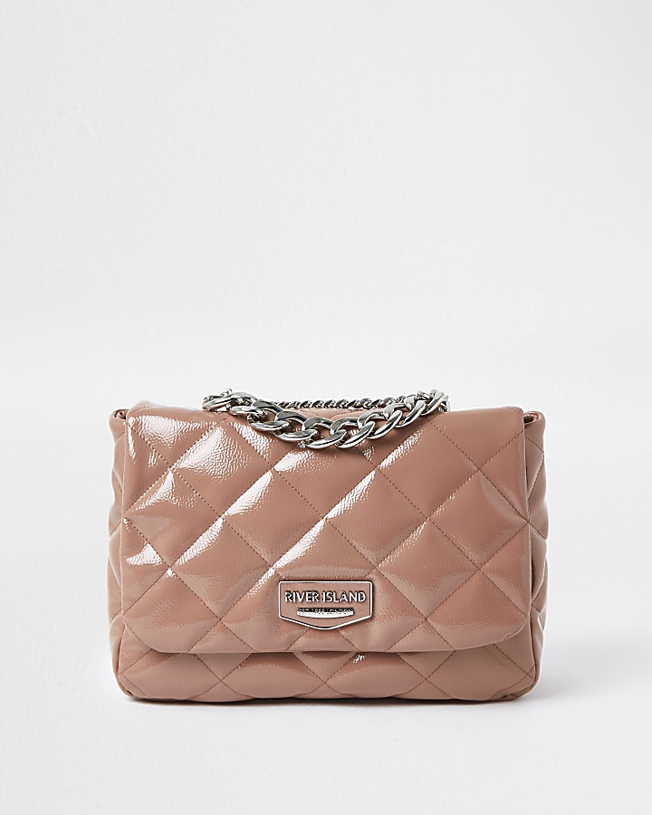 Pink faux leather quilted shoulder bag