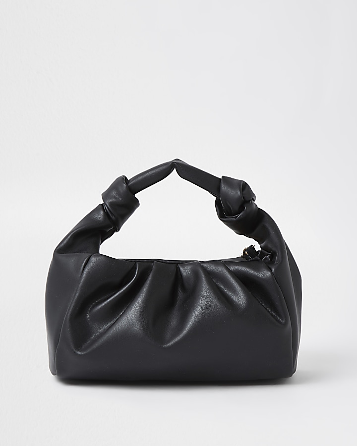 Black ruched faux leather shoulder bag