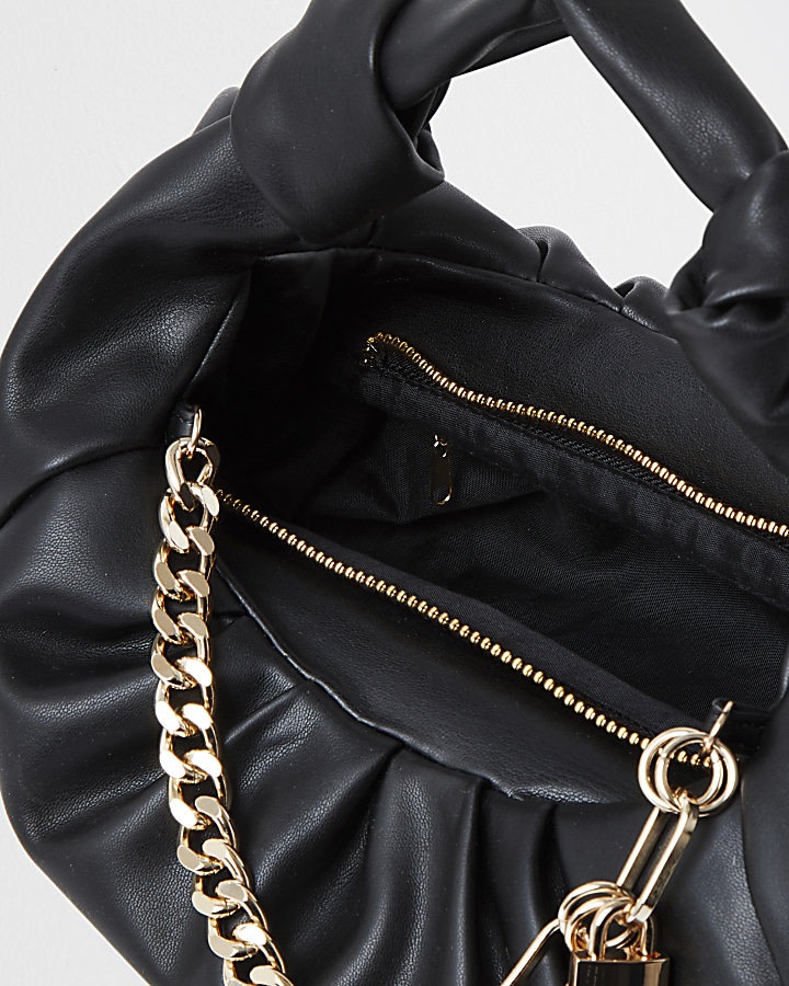 Black ruched faux leather shoulder bag