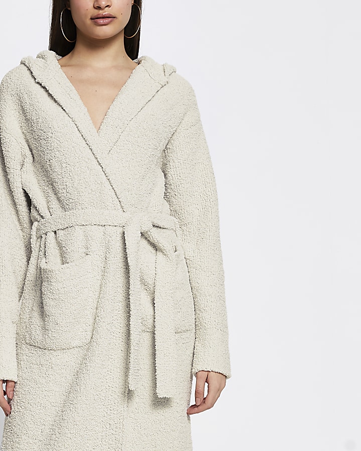 Cream hooded fluffy knit robe