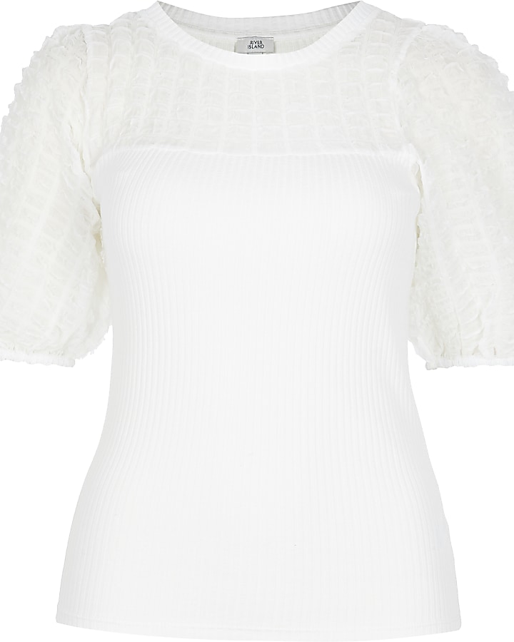 White short sleeve organza fitted ribbed top