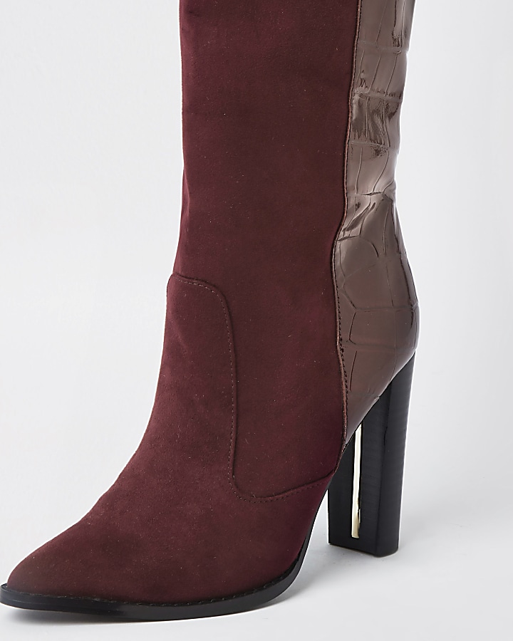 Red wide fit high block heel boots