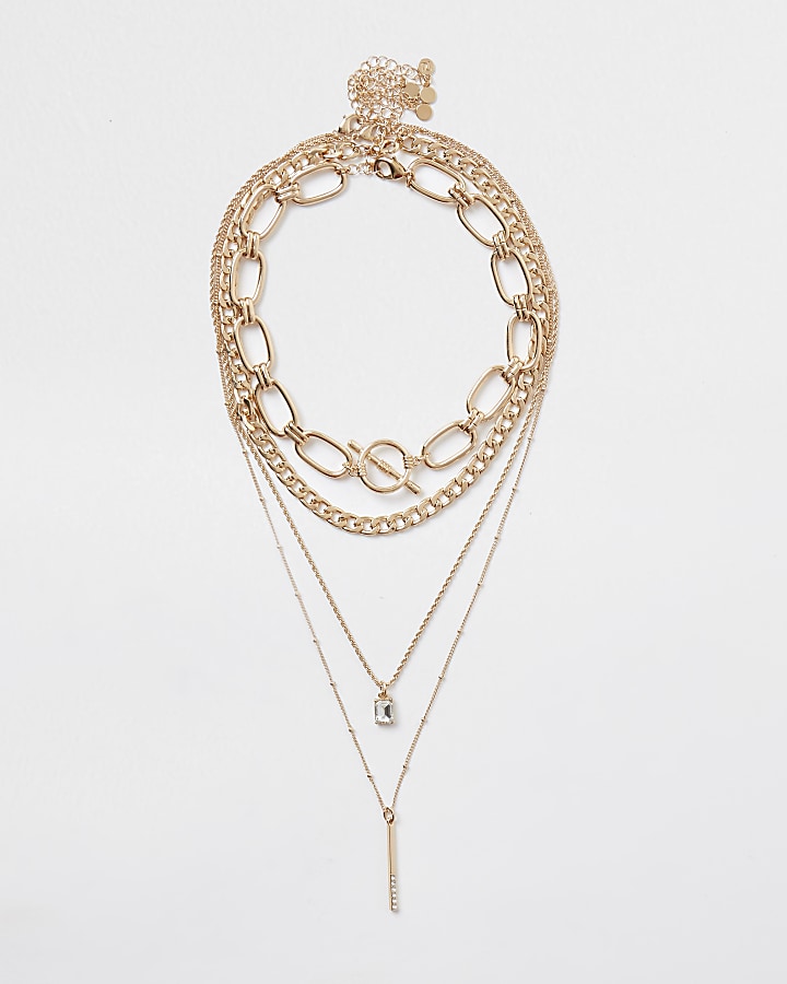 Gold colour chain pendant layered necklace