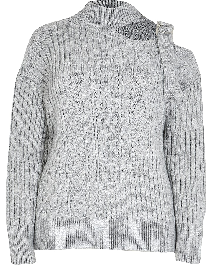 Grey marl chocker neck cable knitted jumper
