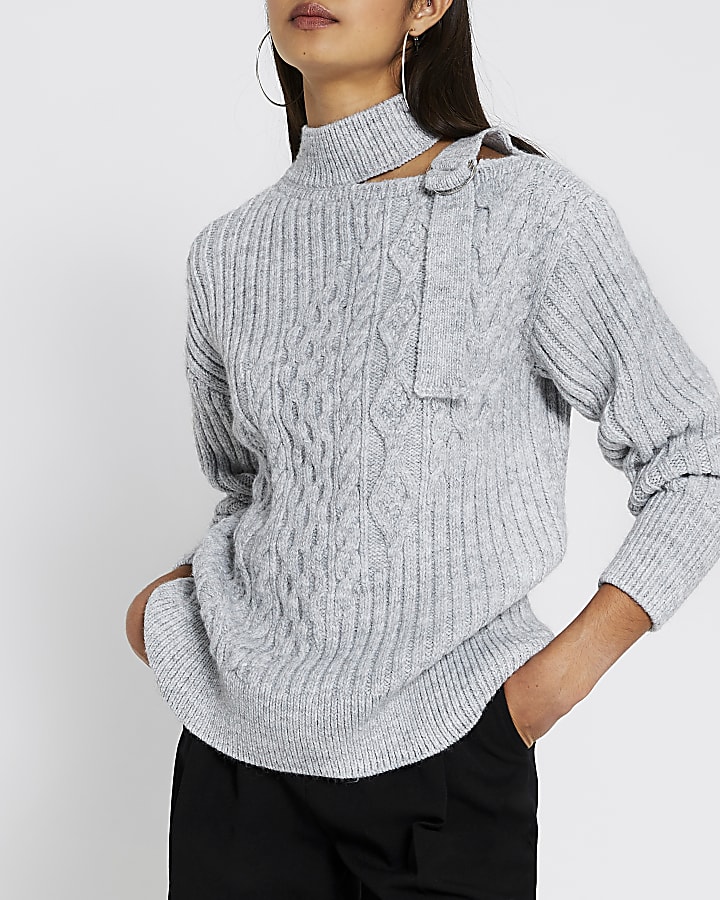 Grey marl chocker neck cable knitted jumper