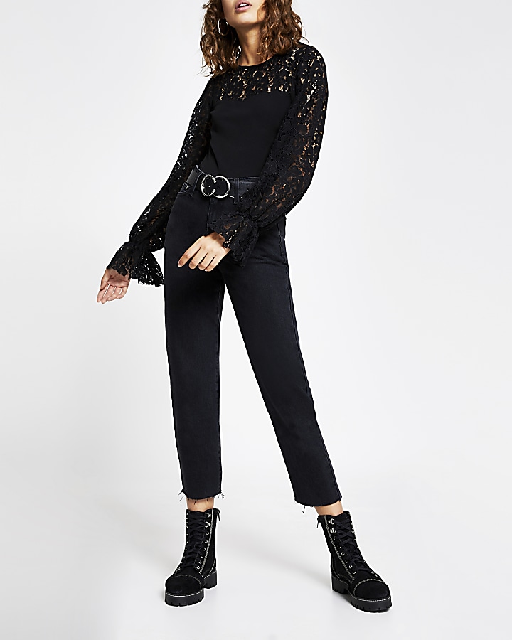 Black long puff sleeve blocked lace top