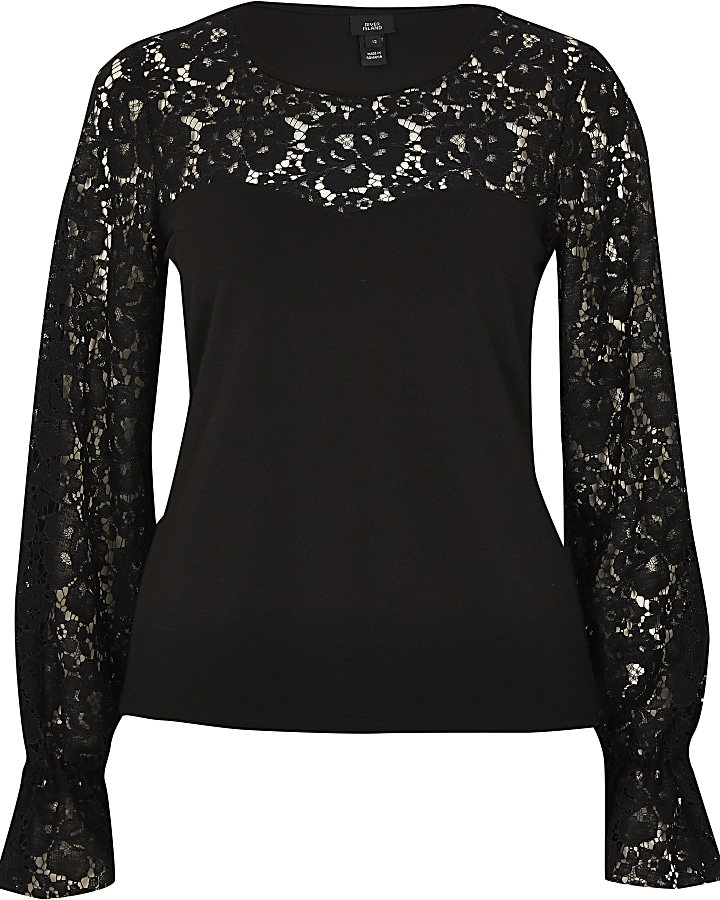 Black long puff sleeve blocked lace top