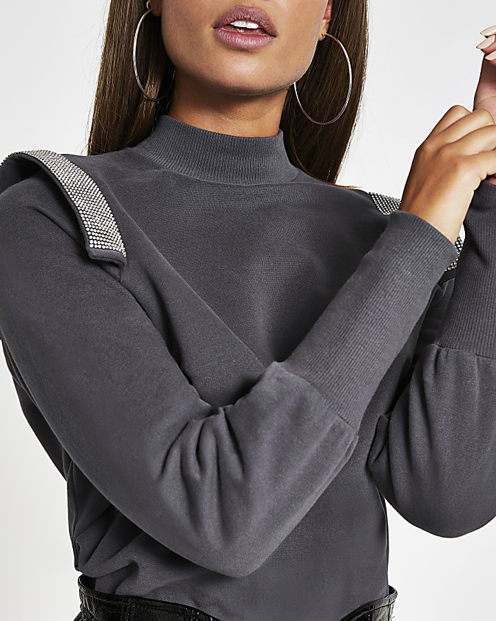 Grey diamante strip puff sleeve sweatshirt