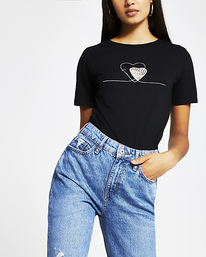 Black short sleeve double heart print t-shirt