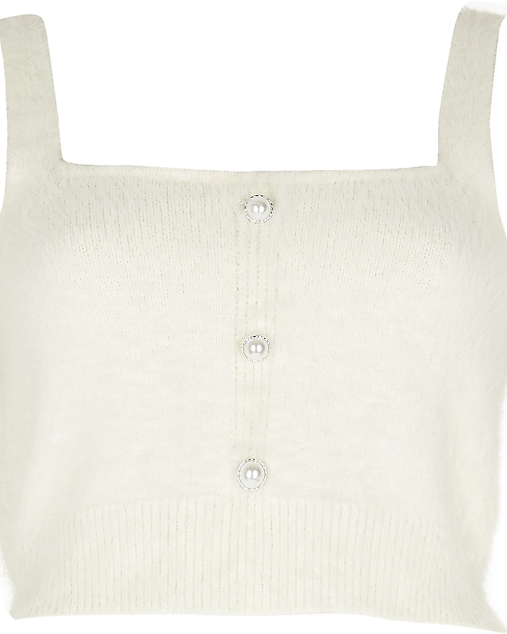 White fluffy button detail cami top