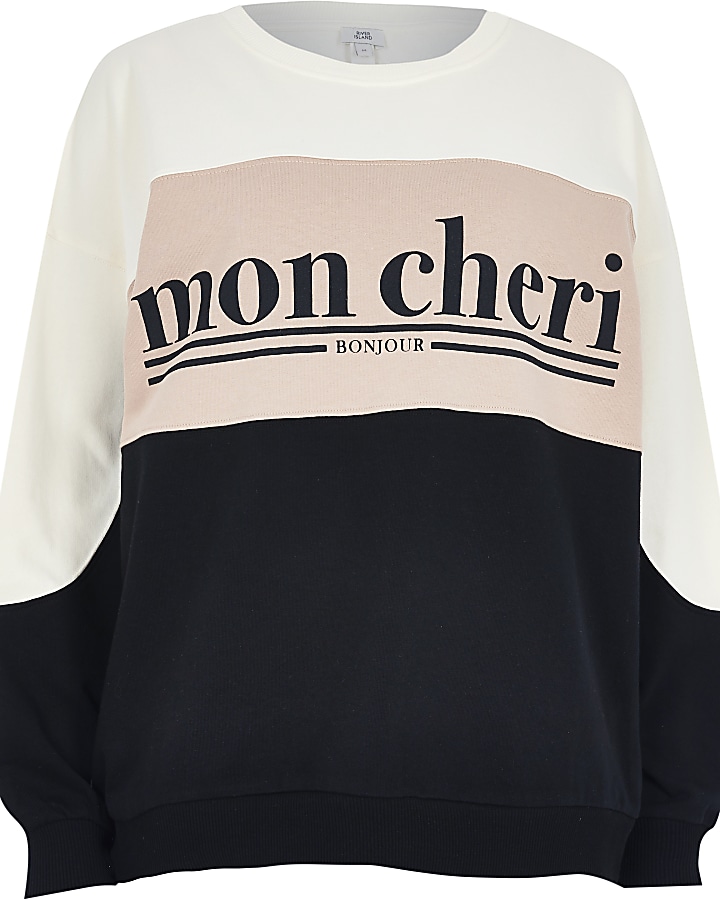 Beige 'Mon cheri' colour block sweatshirt