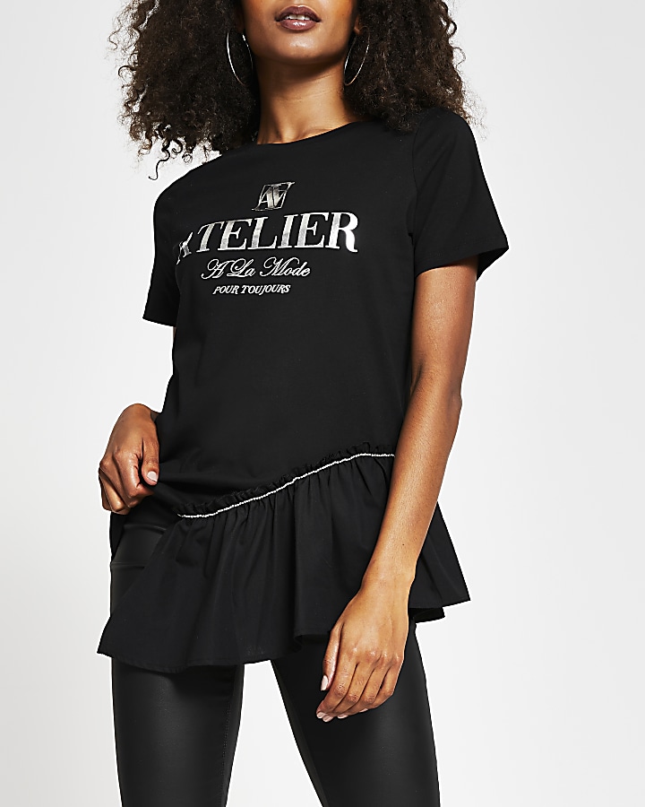Black short sleeve 'Atelier' frill t-shirt