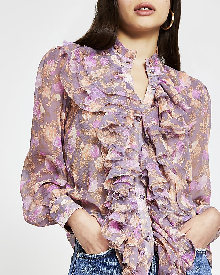 Pink floral long sleeve ruffle neck blouse