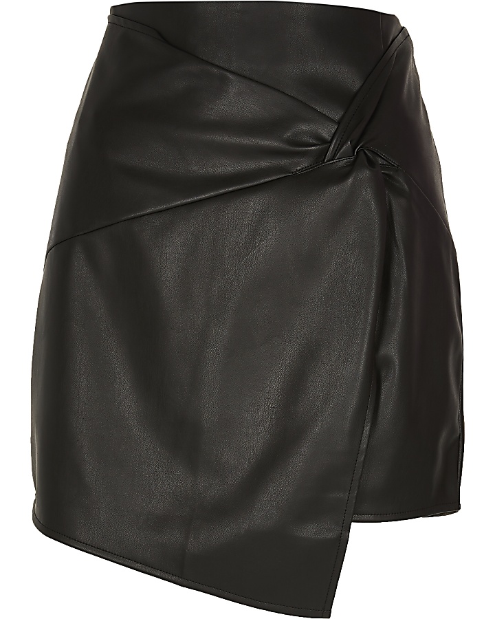 Black Faux leather twist front mini skirt