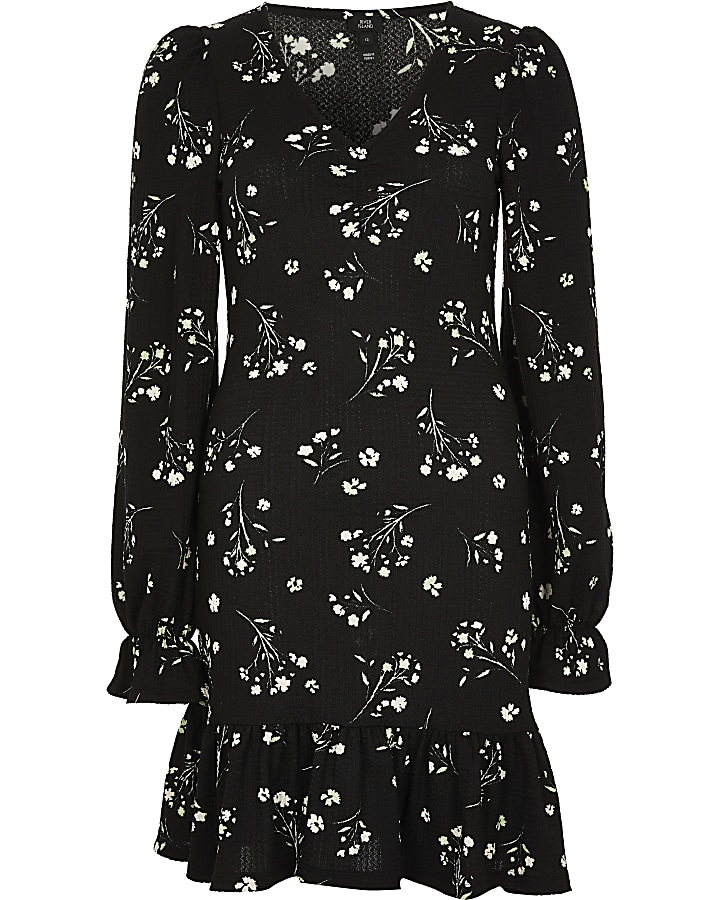 Black long sleeve frill hem floral mini dress
